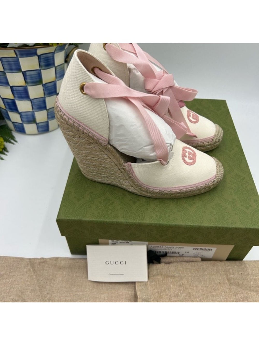 Women’s Gucci white/pink wedge ESPADRILLES size 40 made in Spain - Picture 5 of 9